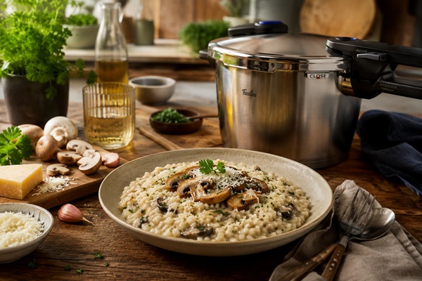 Romige Paddenstoelenrisotto uit de Fissler Vitaquick Premium Snelkookpan 4,5 liter