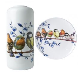 Heinen-Delfts-Blauw-Bosvogels-vaas-en-wandbord-set-2-stuks